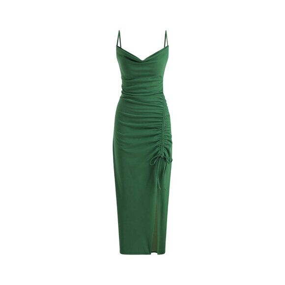 Cider Women's Size 1X Hunter Green Drawstring Ruched Midi Dress Spaghetti Straps - Picture 1 of 10